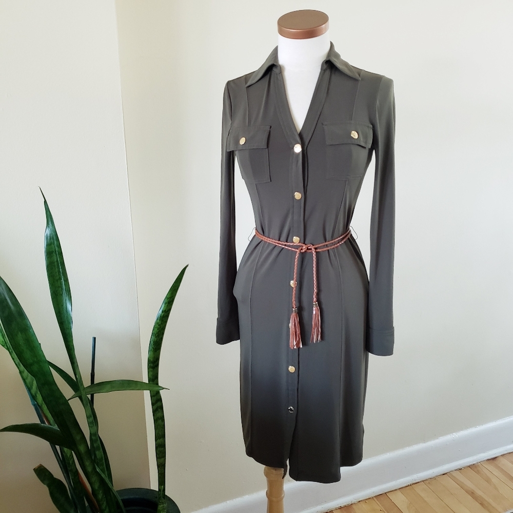 Michael Kors Long Sleeve Button Down Dress - Olive Green- XS